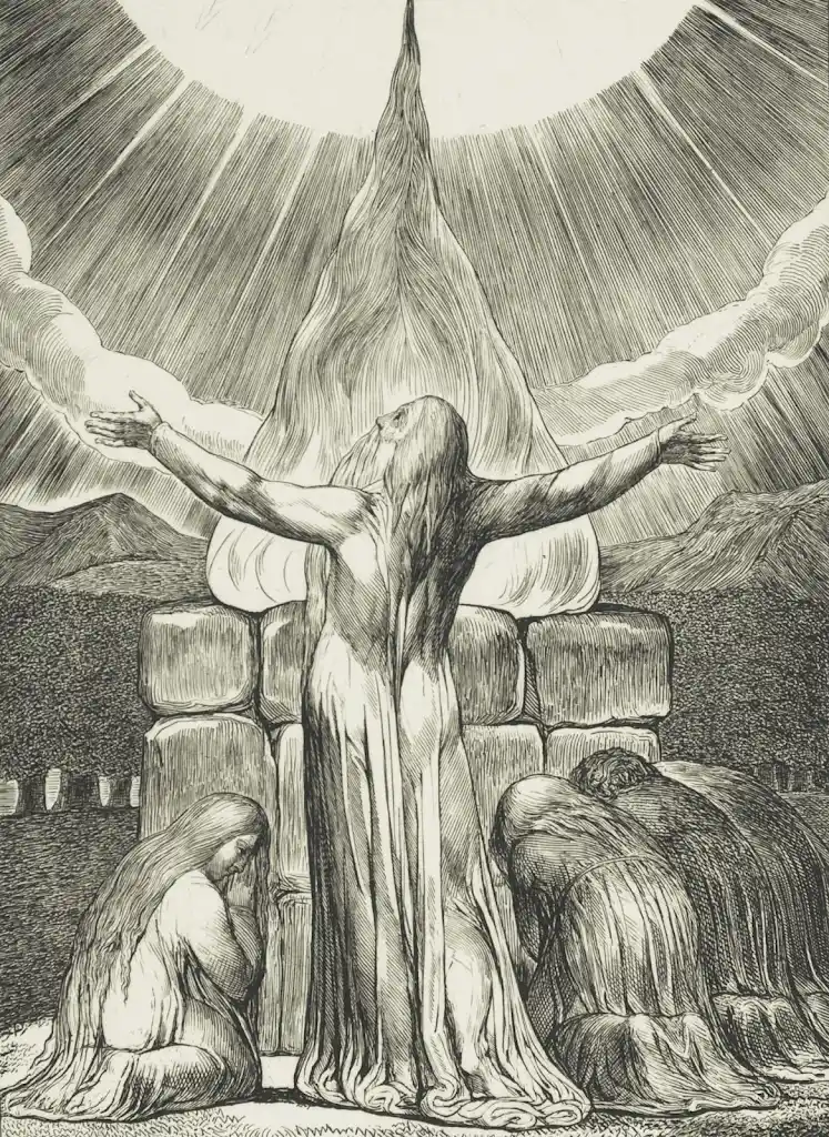 An artistic depiction of a divine figure with arms raised, surrounded by a glowing flame and rays of light, while two figures kneel in reverence at the base.