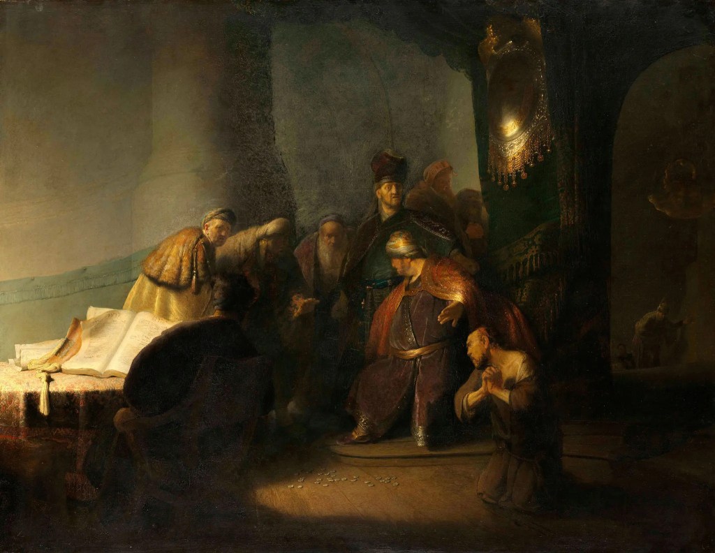 A group of figures gathered around a large open book on a table, with one figure seated in the foreground. The scene is illuminated dramatically, highlighting the expressions and postures of the individuals, conveying a sense of intrigue and contemplation.