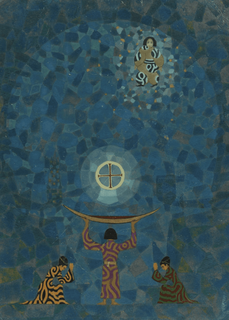 An abstract artwork depicting three figures in traditional clothing, two kneeling and one holding a bowl above their head, all set against a textured blue background with motifs symbolizing depth and inner exploration.