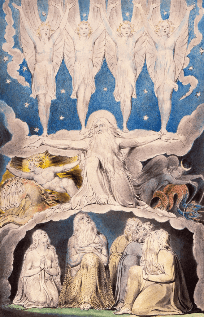 An artistic depiction of a divine figure with a long beard, surrounded by four angels, above a scene of individuals in contemplative poses, symbolizing the spiritual journey and confrontation with deeper truths.