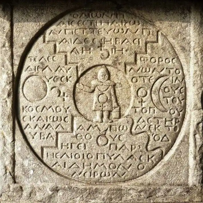 A circular stone relief featuring a figure with outstretched arms, surrounded by ancient inscriptions and symbols, representing spiritual or philosophical themes.