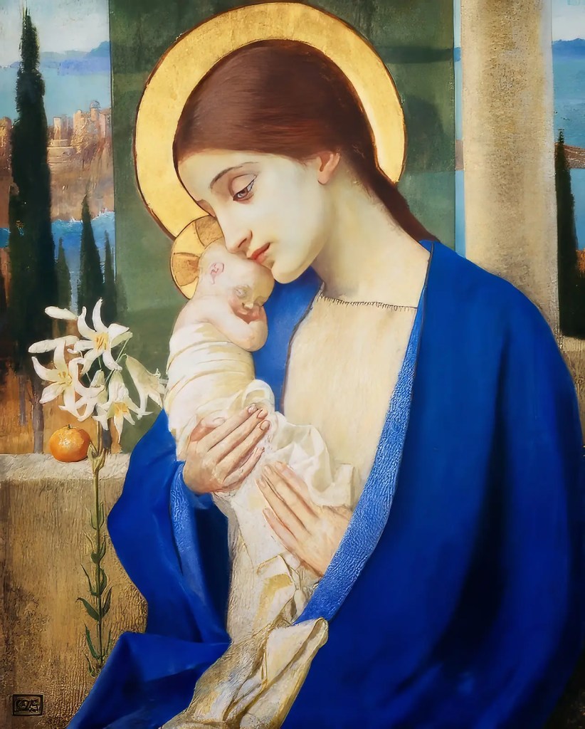 A serene depiction of a mother cradling a baby, surrounded by a tranquil background featuring a green and blue color palette. The mother has long brown hair and is wearing a blue cloak, with a golden halo circling her head. A lily and an orange fruit are visible in the foreground.
