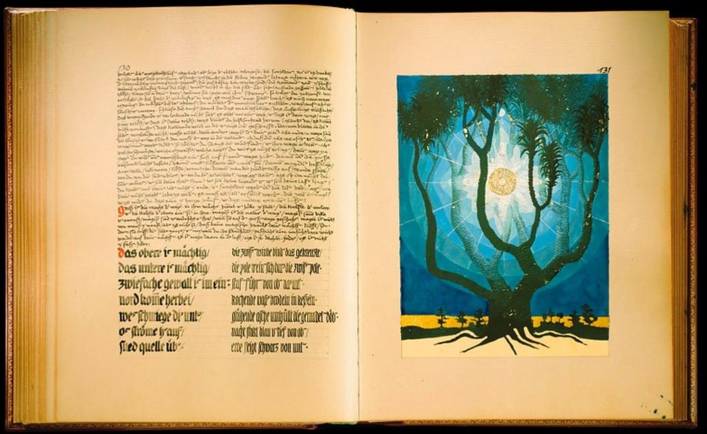 A page from C.G. Jung's 'The Red Book' featuring intricate handwritten text on the left and a colorful illustration of a tree with a luminous sun in the background on the right.