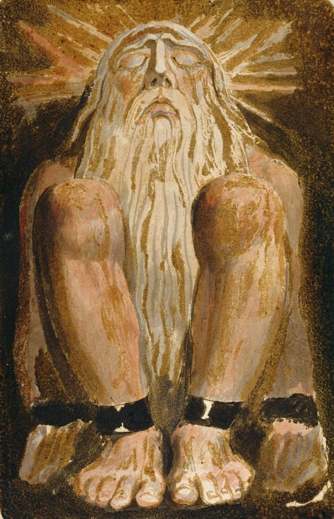 A seated figure with long hair and a beard, eyes closed in contemplation, surrounded by a golden aura, suggesting a sense of spirituality and introspection.