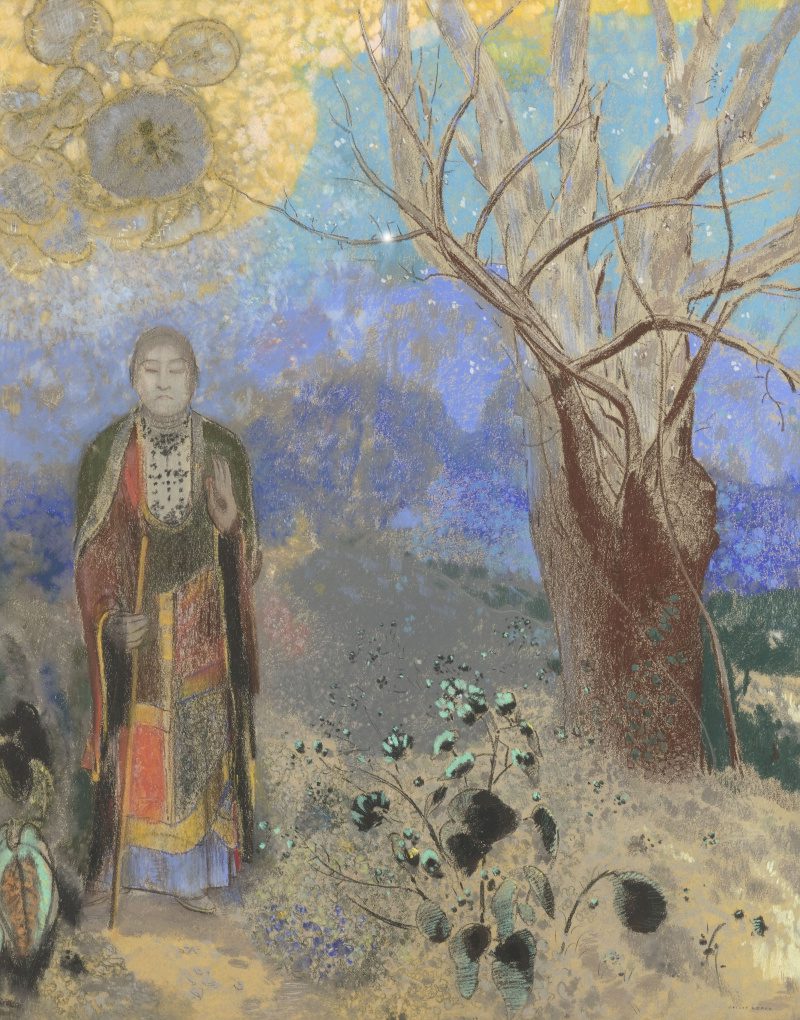 A pastel painting of a serene figure standing with a staff in a colorful landscape, featuring a bright sky, a barren tree, and plants with dark flowers.