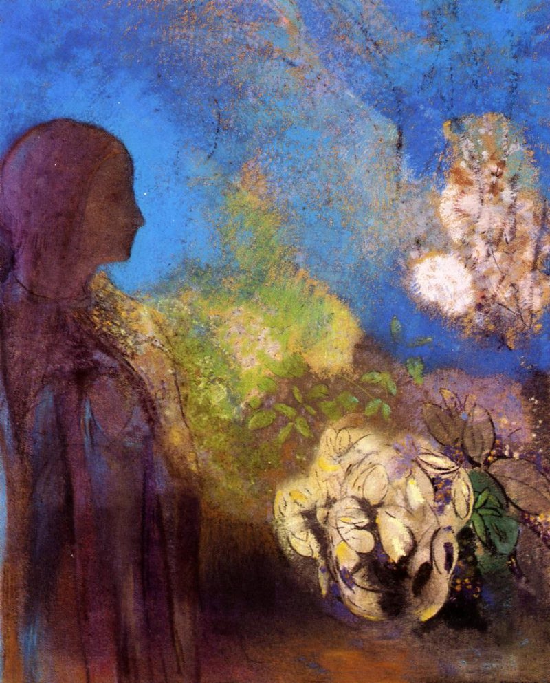 A silhouette of a woman in profile, surrounded by soft, colorful foliage and abstract shapes, evoking a sense of tranquility and introspection.