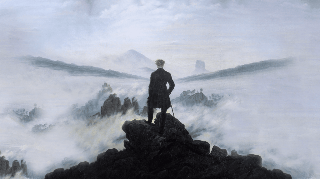 A solitary figure stands on a rocky outcrop, gazing out over a vast landscape shrouded in mist, with distant mountains barely visible in the background, evoking a sense of introspection and contemplation.