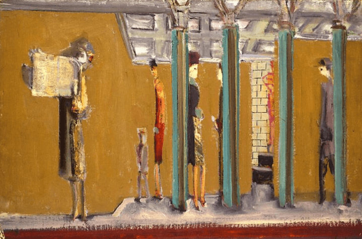 An abstract depiction of a subway station featuring stylized figures standing near green pillars, set against a warm yellow background.