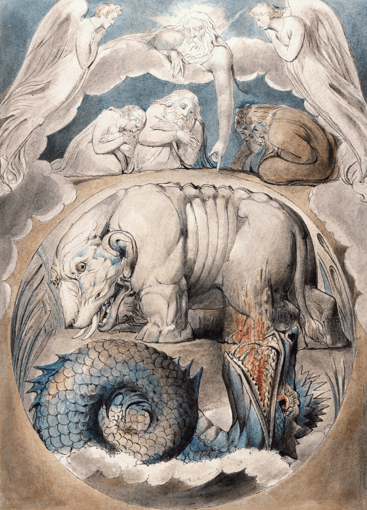 A dramatic illustration featuring a giant figure resembling a bear, a dragon-like creature in the foreground, and celestial beings in the background, symbolizing themes of transformation and duality in life and death.