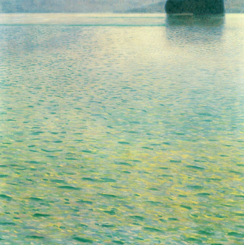 A serene painting of a calm body of water, showcasing soft waves reflecting shades of blue and green under a subtle light, with a hint of an indistinct landmass in the background.