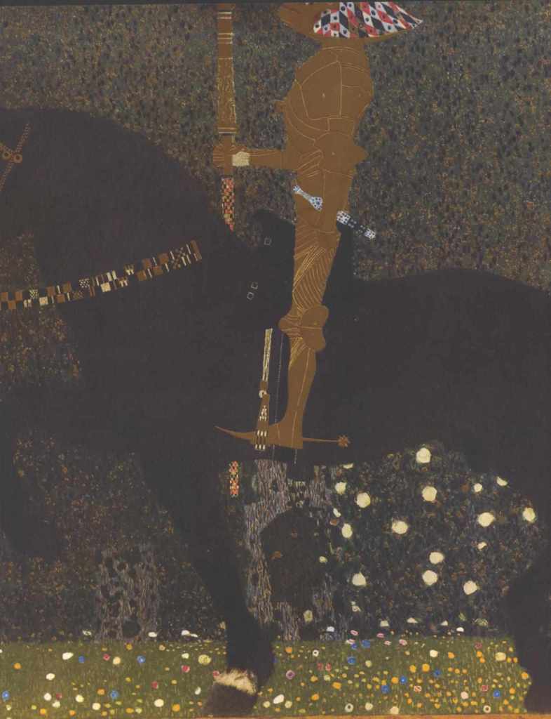 A knight in ornate armor riding a black horse, set against a richly textured dark background with hints of colorful flowers at the base.