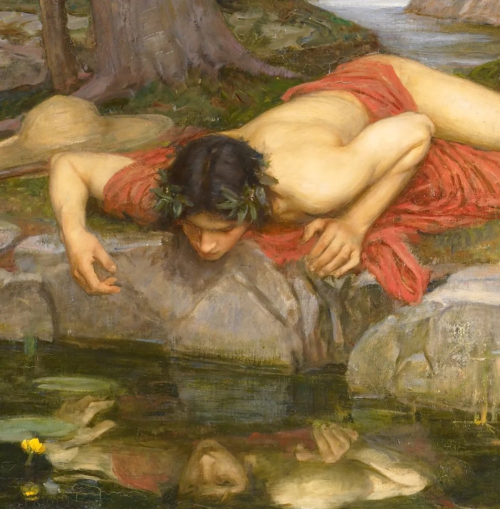 A figure in a red cloth leans over a rock, gazing into a tranquil pond, reflecting their image. The scene features natural elements like trees and lily pads.