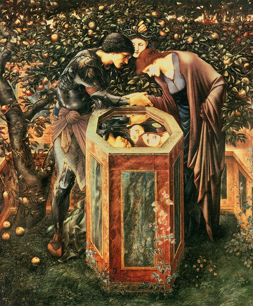A medieval knight in armor leans over a reflective octagonal box, surrounded by three women gazing into it, with an apple tree in the background.